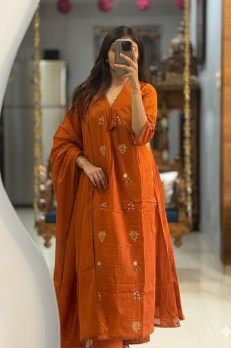 WOMEN PURE COTTON EMBROIDERY A-LINE KURTA WITH PANT AND DUPATTA 
