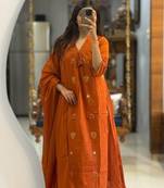 WOMEN PURE COTTON EMBROIDERY A-LINE KURTA WITH PANT AND DUPATTA 