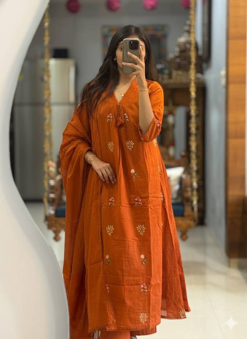 WOMEN PURE COTTON EMBROIDERY A-LINE KURTA WITH PANT AND DUPATTA 