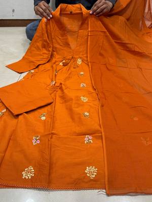 WOMEN PURE COTTON EMBROIDERY A-LINE KURTA WITH PANT AND DUPATTA  2