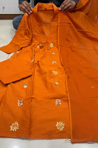 WOMEN PURE COTTON EMBROIDERY A-LINE KURTA WITH PANT AND DUPATTA 
