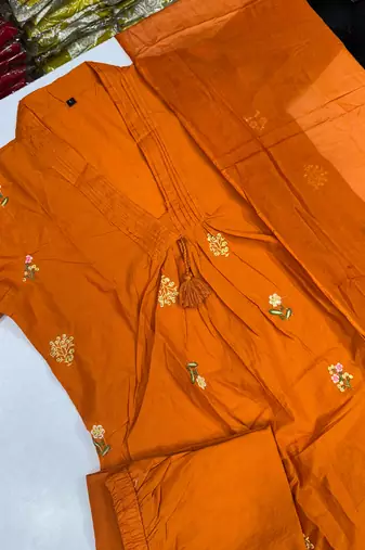 WOMEN PURE COTTON EMBROIDERY A-LINE KURTA WITH PANT AND DUPATTA 