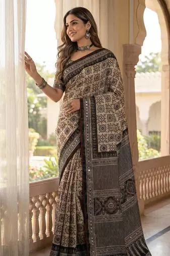Roman Silk Print With Real Mirror work Saree With Blouse Set For Women's