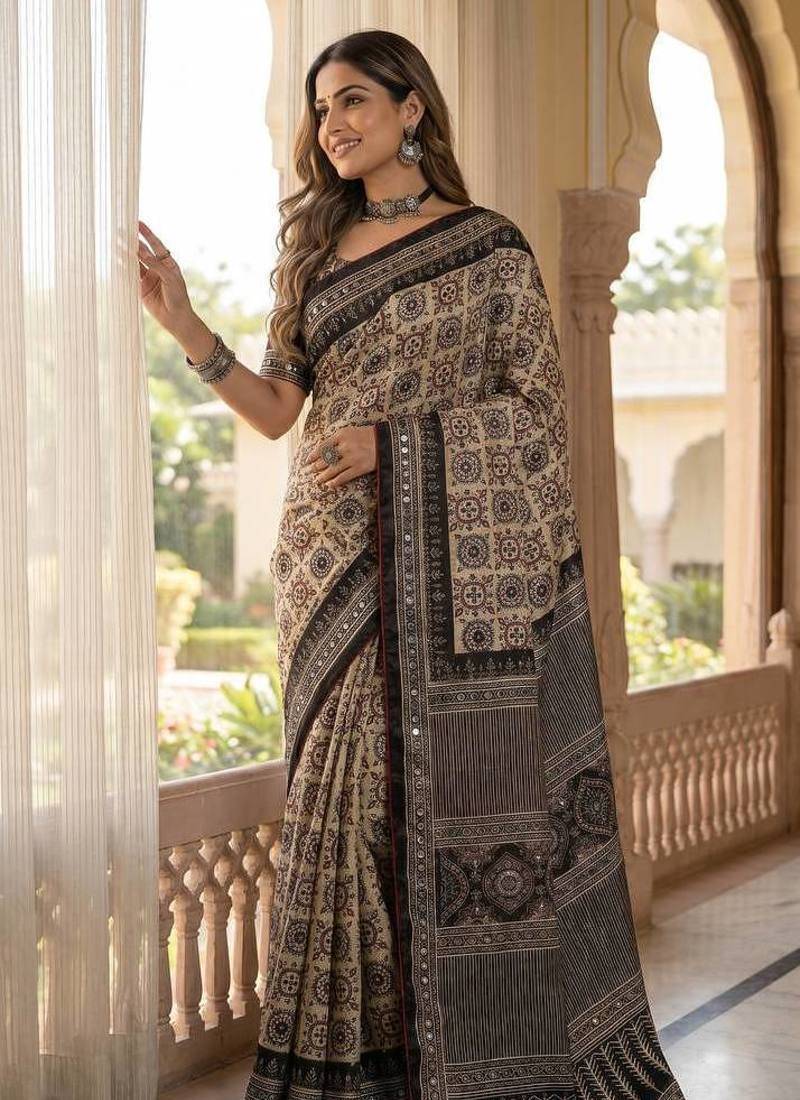 Roman Silk Print With Real Mirror work Saree With Blouse Set For Women's