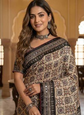 Roman Silk Print With Real Mirror work Saree With Blouse Set For Women's 2