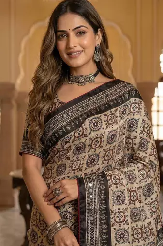 Roman Silk Print With Real Mirror work Saree With Blouse Set For Women's