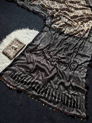 Roman Silk Print With Real Mirror work Saree With Blouse Set For Women's 4