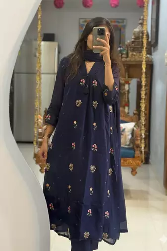 WOMEN PURE COTTON EMBROIDERY A-LINE KURTA WITH PANT AND DUPATTA 