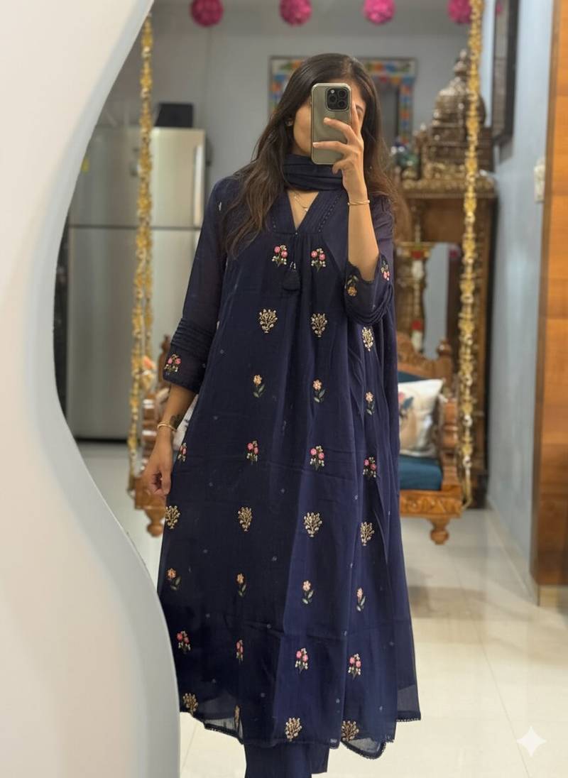 WOMEN PURE COTTON EMBROIDERY A-LINE KURTA WITH PANT AND DUPATTA 