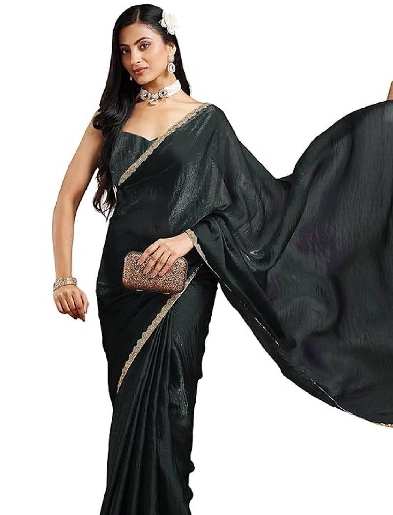 Black color fendy chiffon saree with running blouse