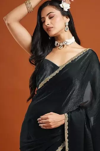Black color fendy chiffon saree with running blouse