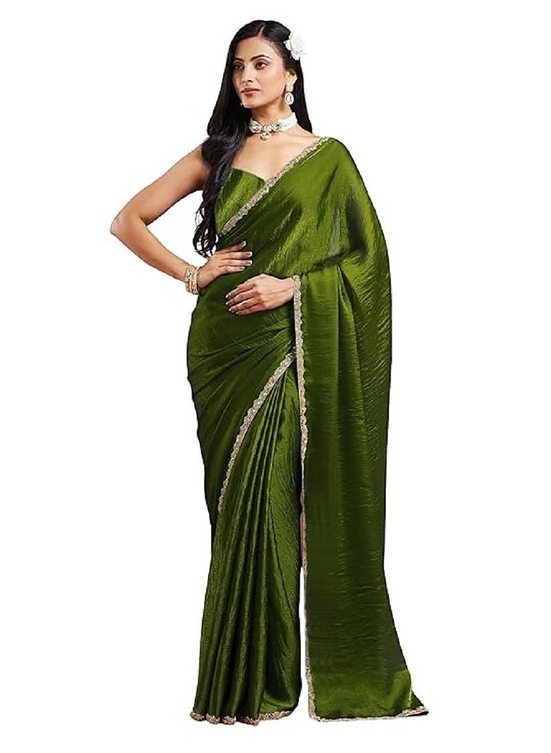 Mehendi green color fendy chiffon saree with running blouse