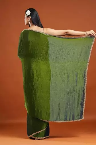 Mehendi green color fendy chiffon saree with running blouse