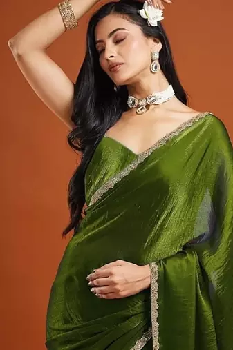Mehendi green color fendy chiffon saree with running blouse