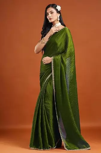 Mehendi green color fendy chiffon saree with running blouse