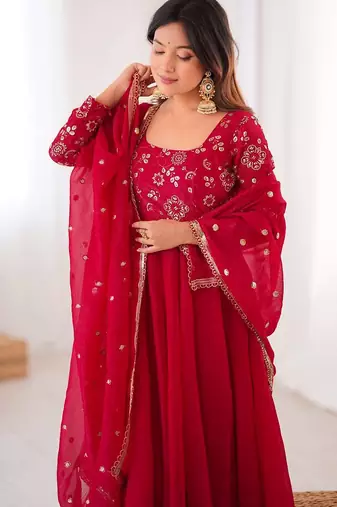 Red Color Embroidery With Sequence Work Crunchy Silk Gown Bottom Set