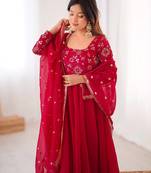 Red Color Embroidery With Sequence Work Crunchy Silk Gown Bottom Set