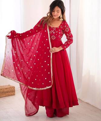 Red Color Embroidery With Sequence Work Crunchy Silk Gown Bottom Set 2