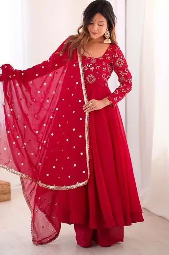 Red Color Embroidery With Sequence Work Crunchy Silk Gown Bottom Set