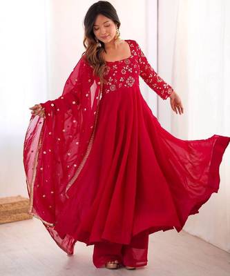 Red Color Embroidery With Sequence Work Crunchy Silk Gown Bottom Set 3