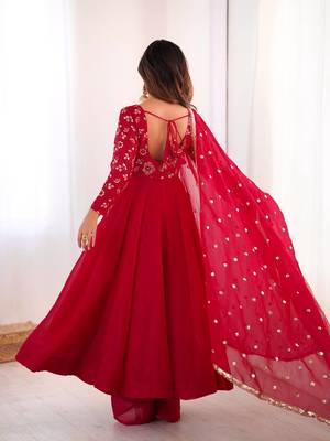 Red Color Embroidery With Sequence Work Crunchy Silk Gown Bottom Set 4