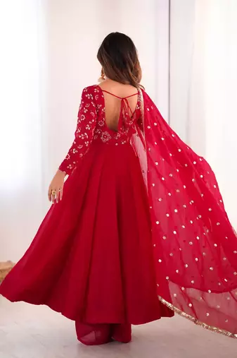 Red Color Embroidery With Sequence Work Crunchy Silk Gown Bottom Set