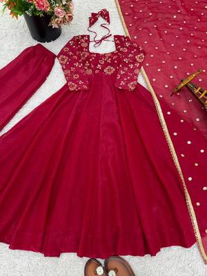Red Color Embroidery With Sequence Work Crunchy Silk Gown Bottom Set 5