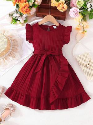 Wine red pleated solid georgette fit & flare girls dress 1