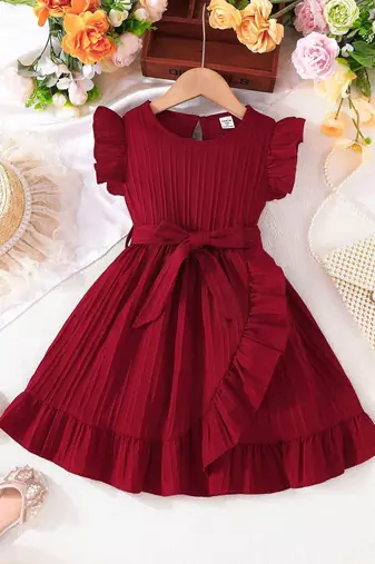 Wine red pleated solid georgette fit & flare girls dress