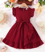 Wine red pleated solid georgette fit & flare girls dress