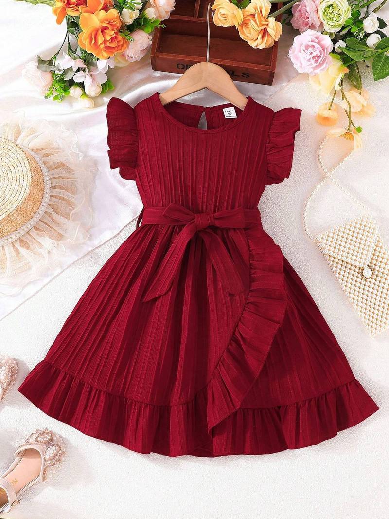Wine red pleated solid georgette fit & flare girls dress