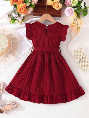 Wine red pleated solid georgette fit & flare girls dress 2
