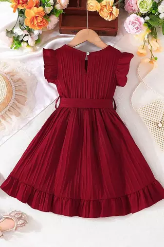 Wine red pleated solid georgette fit & flare girls dress