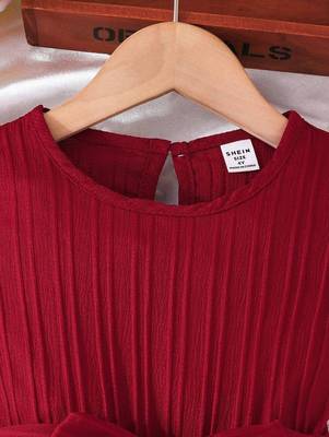 Wine red pleated solid georgette fit & flare girls dress 3