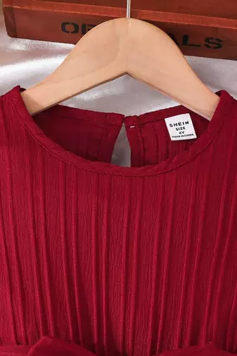 Wine red pleated solid georgette fit & flare girls dress