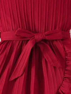 Wine red pleated solid georgette fit & flare girls dress 4