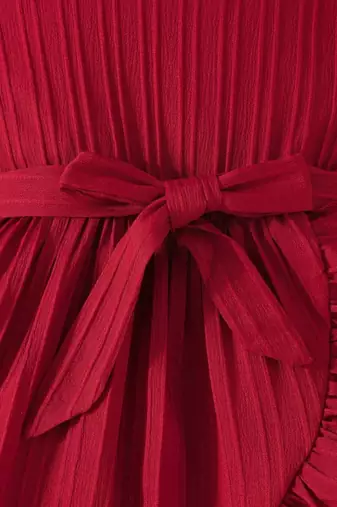 Wine red pleated solid georgette fit & flare girls dress