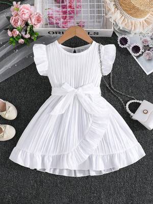 Wine white pleated solid georgette fit & flare girls dress 1