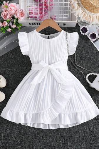 Wine white pleated solid georgette fit & flare girls dress