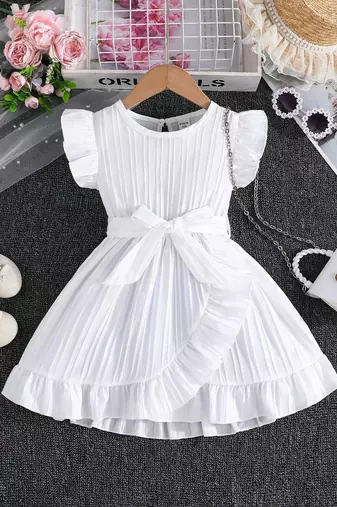Wine white pleated solid georgette fit & flare girls dress