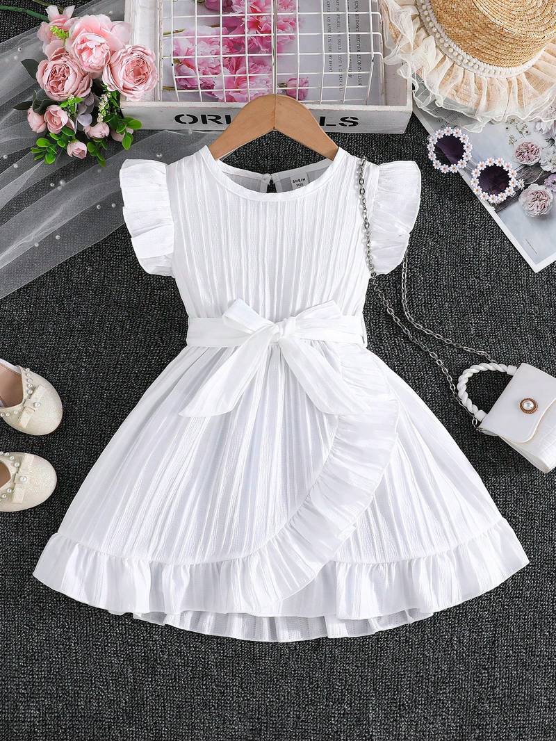 Wine white pleated solid georgette fit & flare girls dress