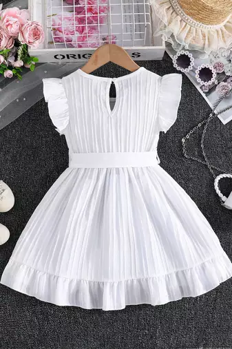 Wine white pleated solid georgette fit & flare girls dress