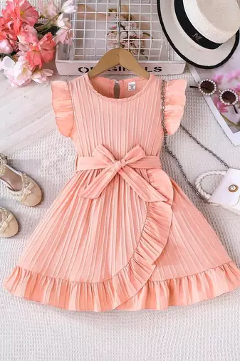 peach pleated solid georgette fit & flare girls dress