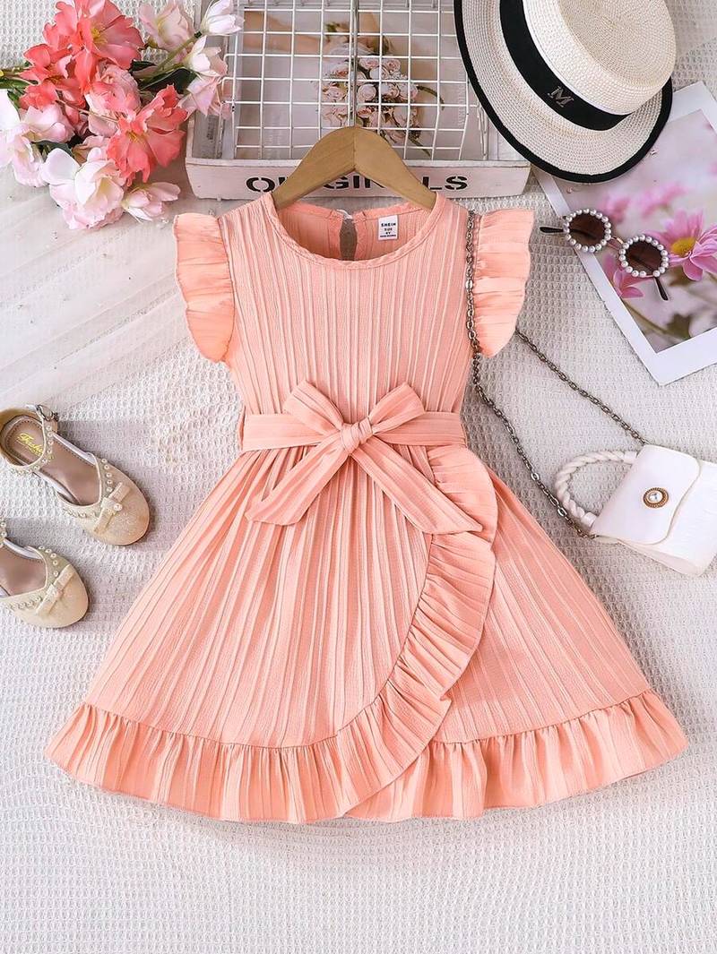 peach pleated solid georgette fit & flare girls dress