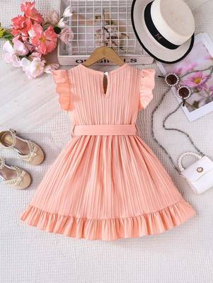 peach pleated solid georgette fit & flare girls dress 2
