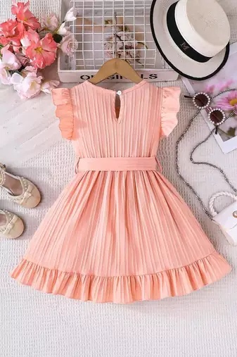 peach pleated solid georgette fit & flare girls dress