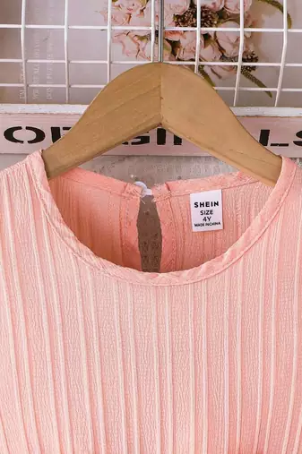 peach pleated solid georgette fit & flare girls dress