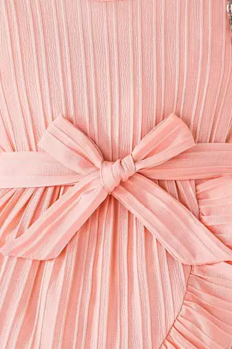peach pleated solid georgette fit & flare girls dress
