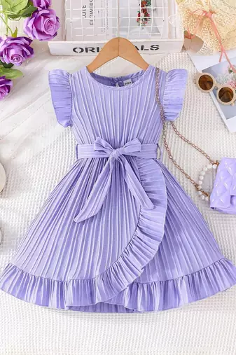 Purple blue pleated solid georgette fit & flare girls dress