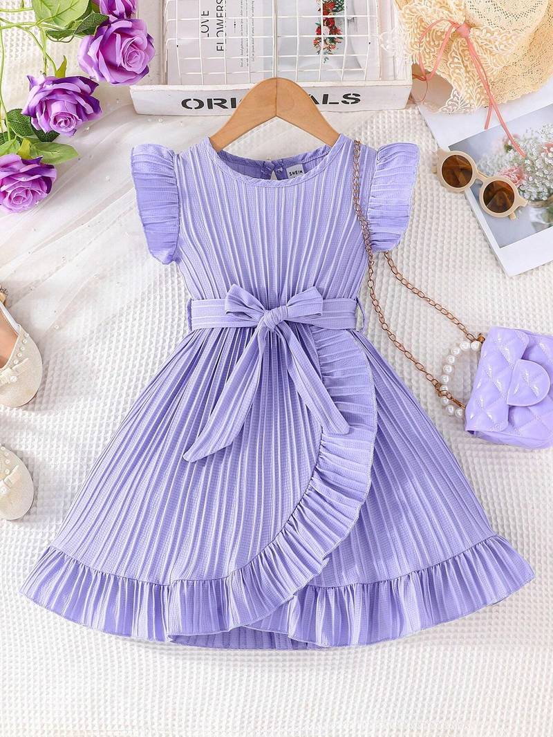 Purple blue pleated solid georgette fit & flare girls dress